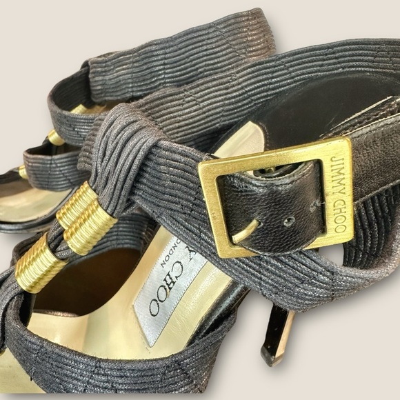 Jimmy Choo Black Waxed Leather ‘Serena’ Brass Hardware Gladiator Heels Size 8.5 - Picture 12 of 16